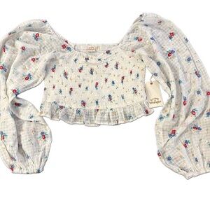 Billabong Wrangler White Floral Smocked Crop Top Size L NWT